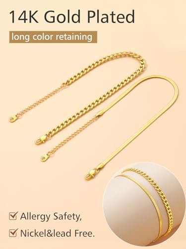 FindChic Black/Silver/Gold Plated Anklets Set of 2PCS/3PCS Herringbone Chain Cuban Link Heart Charm Sparkling Tennis Ankle Bracelets, Waterproof Summer Foot Jewelry for Beach - color: 03. Yellow-2PCS Cuban & Herringbone