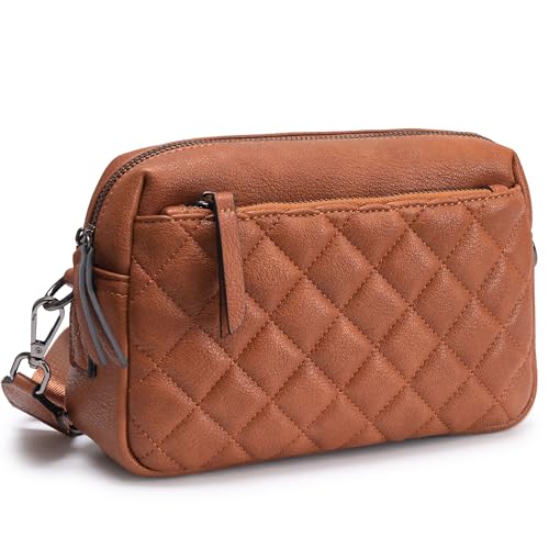 Alldaily Small Triple Zip Crossbody Purse for Women, Vegan Leather Phone Bag with Wide Shoulder Strap - color: Quilted Brown