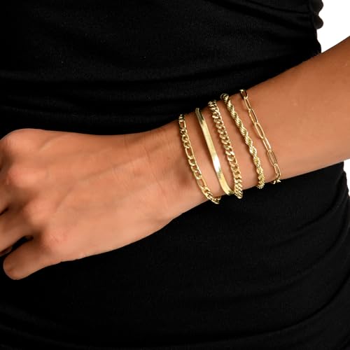 Dainty Gold Bracelets for Women, 14K Gold Plated Stackable Bracelet Set, Adjustable Beaded Cuban Paperclip Herringbone Figaro Snake Rope Chain Jewelry - style: Set7 Gold 5Pcs