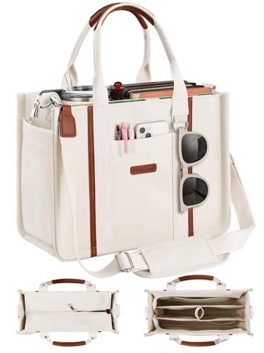 FIORETTO Women’s Canvas Tote Bag Purse with Zipper, Multi Compartment & Reinforced Bottom, Ideal for Work, Bible, Travel - color: Beige, size: Medium, style: Built-in Organizer