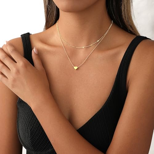 Layered Gold Necklace for Women Trendy 14K Gold Plated Heart CZ Pendant Layered Gold Necklaces Set Coin Choker Necklaces Simple Circle Cubic Zirconia Pearl Necklace Stack Herringbone Paperclip Chain Jewelry Set - style: 2PCS-Heart pendant-GD