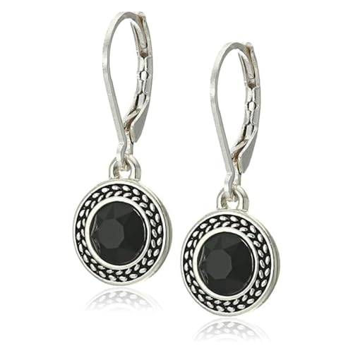 Savma Handmade 925 Sterling Silver Leverback Earrings for Women, Vintage Celtic Round Crystal Dangle Drop Earrings, Lightweight Boho Hypoallergenic Jewelry Gift - color: Black Stone