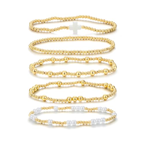 Dainty Gold Plated Pearl Crystal Beaded Bracelets Set for Women 14K Gold Plated Bead Pearl Beads Bracelet Stackable Paperclip Link Chain Bracelets Gold Plated Bracelets for Women Trendy Jewelry - color: Style4-gold bracelets set1