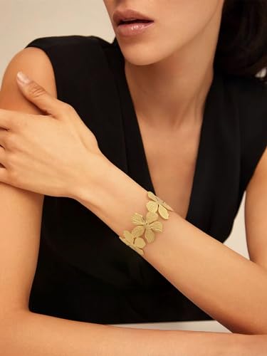 WOWORAMA Chunky Gold Cuff Bracelets for Women Vintage Gold Flower Butterfly Bracelet Trendy Boho Wide Open Cuff Bangles Matte Statement Bracelet - color: Gold Flower
