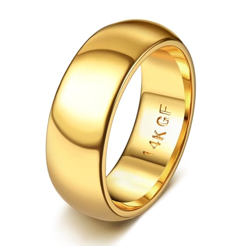 Florideco 14K Gold Filled Ring for Women Men Thick Thin Pinky Thumb Ring Wedding Band Ring Non Tarnish Plain Domed Comfort Fit Size 6 to 10 - color: 14K gold plated-8mm