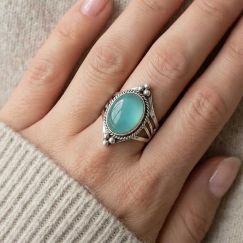 Handmade 925 Sterling Silver Plated Ring Natural Gemstone Carnelian, Rose Quartz, Tiger Eye, Crystal Oval Boho Jewelry For Women - color: Aqua Chalcedony