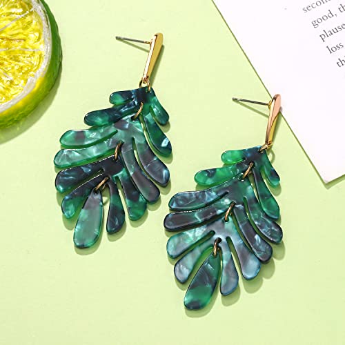 ARATLENCH Acrylic Pendant necklace Earrings – Long Statement Leaf Charm Necklace Tortoise Resin Palm Leaf Earrings Fashion Necklaces Earrings for Women - color: green-earrings