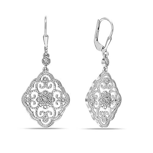 LeCalla 925 Sterling Silver Filigree Dangle Drop Leverback Earrings for Women | Long 925 Silver Dangle Leverback Earrings Hypoallergenic Filigree Tear drop Earrings Jewelry - style: Lab-Grown Diamond 0.03 ct.-45mm