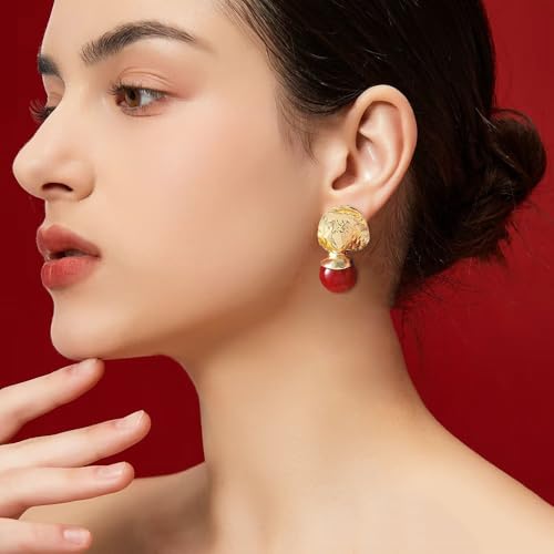 Red Ball Dangle Earrings for Women Boho Hammered Round Circle Bead Statement Charms Drop Earrings Fashion Christmas Holiday Festival Dress Accessories Jewelry Gifts - color: Gold