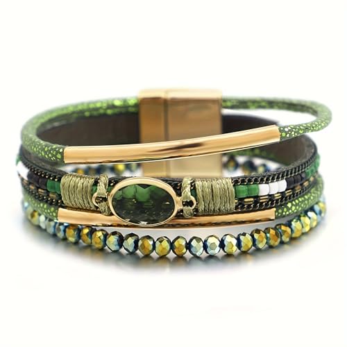 Boho Layered Bracelet for Women – Green Crystal Beaded Wrap Bracelet with Gold Clasp, Multi-Strand Hypoallergenic Statement Jewelry - color: Green