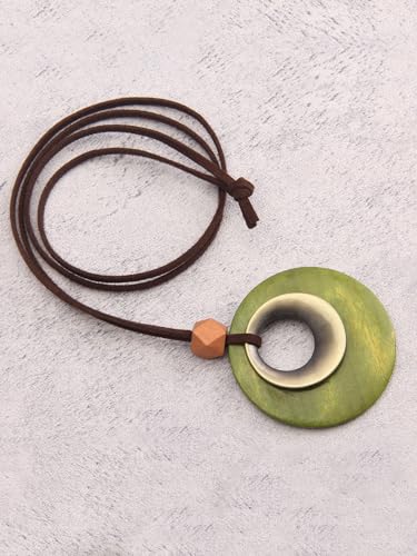GelConnie Leather Cord Necklace Chain Multilayer Wooden Pendant Necklaces Vintage Jewelry Boho Long Sweater Necklace for Women Men - color: Circle Gold Wood Necklace