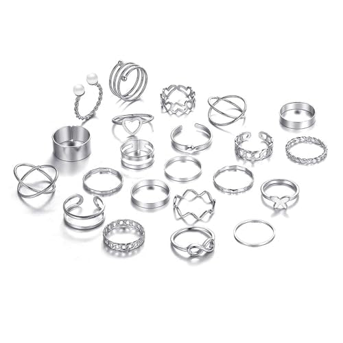 Vintage Silver/Gold/Black Kunckle Rings Set for Women Boho Stackable Rings Butterfly Pearl Heart Rings Open Adjustable Finger Rings Statement Rings Set Jewelry Gifts - color: Silver