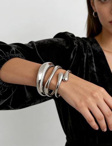 Chunky Gold Bangle Bracelets for Women, Dainty 14k Gold Plated Big Stackable Bangles Set, Trendy Statement Cuff Bracelet Stack Summer Beach Jewelry Gifts - style: Silver