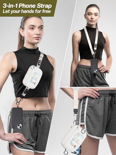 Tiostep Clip and Go Strap for Phone with Wallet Crossbody Phone Lanyard Adjustable and Detachable RFID Wristlet Wallet with ID Window and Zipper, Cream - color: Cream, size: Medium