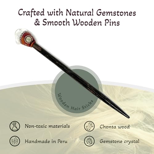 Mia Jewel Shop - Natural Tumbled Healing Gemstone Crystal Chonta Wooden Hair Sticks – Handmade Hair Sticks for Women | Hair Pins Boho Reiki Accessories, Fashion Gifts (Clear Quartz) - color: Clear Quartz