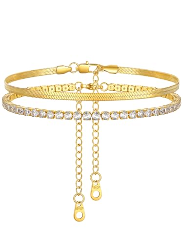 FindChic Black/Silver/Gold Plated Anklets Set of 2PCS/3PCS Herringbone Chain Cuban Link Heart Charm Sparkling Tennis Ankle Bracelets, Waterproof Summer Foot Jewelry for Beach - color: 04. Gold-2PCS Herringbone & Tennis