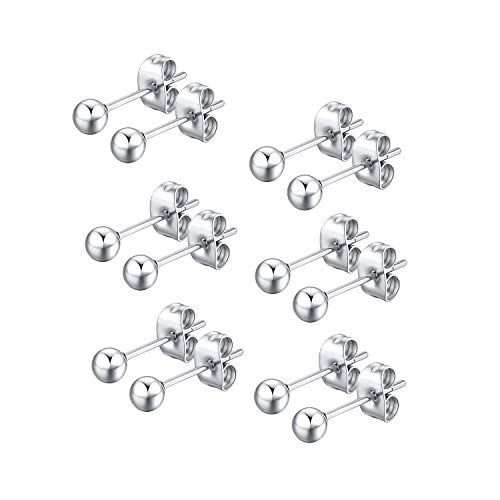 FOSIR 6 Pair Tiny Women 14K Gold Plated Ball Stud Earrings Surgical Stainless Steel Earrings Set, 2-6MM - style: silver-6pair,4mm
