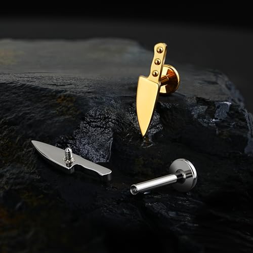 FINE4U 1PC ASTM F136 Titanium Internally Threaded Piercing Jewelry Stud 16G 6mm 8mm for Helix, Tragus, Conch, Flat - color: Knife - Gold