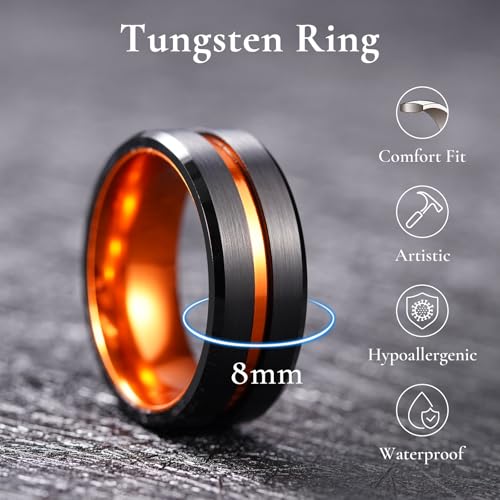 King Will Mens Tungsten Rings for Men Two Tone Grooved Mens Wedding Band Cool - color: Orange