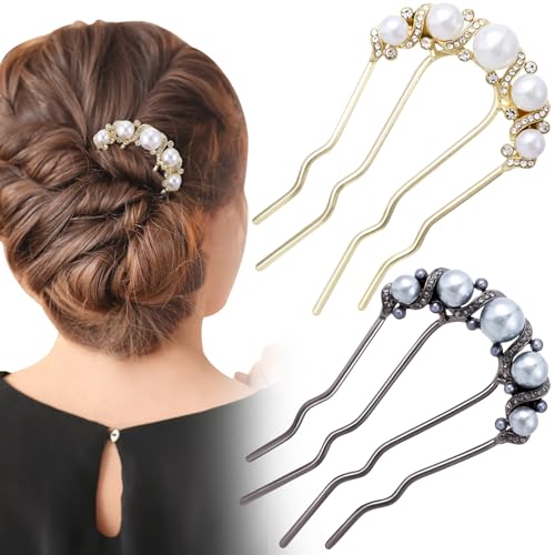 2 Pcs Pearl Hair Pins U Shaped, Elegant Vintage French Pearl Hair Comb, French Twist Hair Pin for Brides, Bridesmaid, Party, Daily, Holiday (Gold, Gun Black - Rhinestone) - color: Gold, Gun Black (Rhinestone)