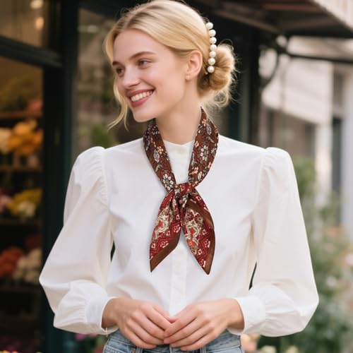 Relang Fashion Silk Satin Head Scarf for Women Hair Bandana Hair Scarf Wrap Neck Scarf for Women 27.5×27.5 inches - color: Brown and Red 02