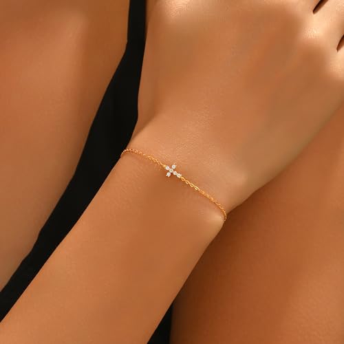 Double Cross Bracelet for Women 925 Sterling Silver Dainty 14K Gold Plated Cubic Zirconia Bracelet Faith Christian Bracelets Adjustable Chain Religious Christian Baptism Jewelry Gifts - color: Gold