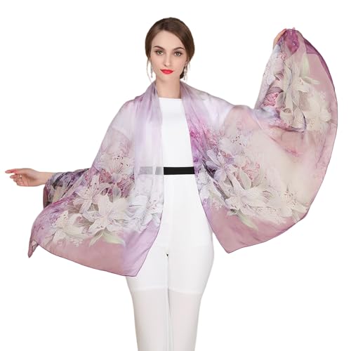 100% Mulberry Silk Women's Neck Silk Scarf-Lightweight Shawl,FLoral Print Beach Silk Wrap-Scarves for Photography - color: Purple Lily