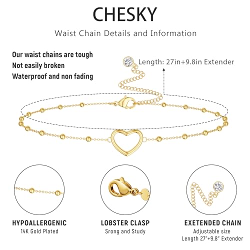 CHESKY Waist Beads for Women, Dainty 14k Gold Plated Waist Chain Beach Accessories Cute Belly Chain Body Chain Gold Chain Belts for Women Summer Beach Jewelry for Womens Gifts Rave Outfits for Womens - style: Heart