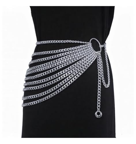 THREEBOY Women Apparel Belts Fashion Sexy Multilayer Metal Pearl Waist Chain Belt - color: New Silver