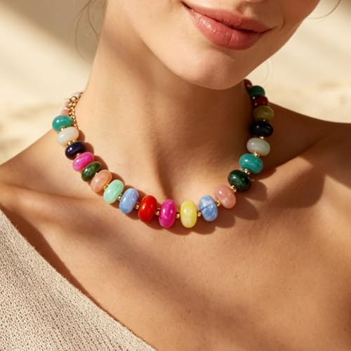 Chunky Beaded Statement Necklace for Women Trendy Colorful Boho Resin Bead Choker Necklaces Summer Handmade Jewelry Gifts Accessories - color: Colorful - 4