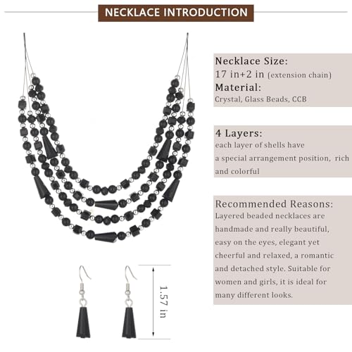 Errally Layered Beaded Statement Necklace Multi Strand Crystal Beads Collar Necklace and Earring Sets for Women Fashion Costume Jewelry Set Gifts for Her - color: Black