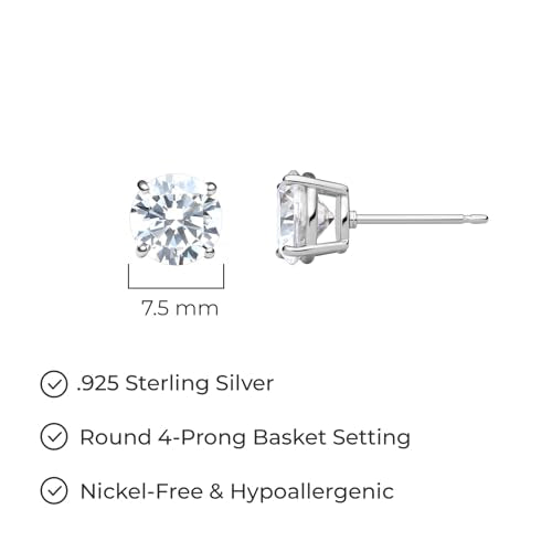 Amazon Essentials Plated Sterling Silver Cubic Zirconia Stud Earrings (Round & Princess) - color: White/Platinum, size: 7.5 mm, style: Round Cut