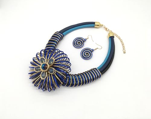 Statement African Necklace For Women African Jewelry Costume Earring Sets Tribal Fashion Colorful Big Rhinestone Crystal Pendent Collar Choker Bold Chunky Bib Handmade - color: Flower blue