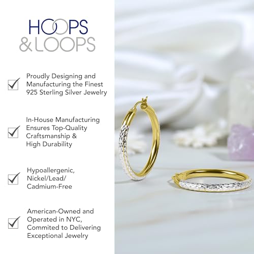 Hoops & Loops 925 Sterling Silver Diamond-Cut Round Hoop Textured 3mm Click-Top Earrings for Women, Slver, Two-Tone 14K Yellow Gold Flash Plate 15/20/25/30/35/40/45/50mm Hoops - color: Two-Tone Gold & Silver, size: 25mm (1'')