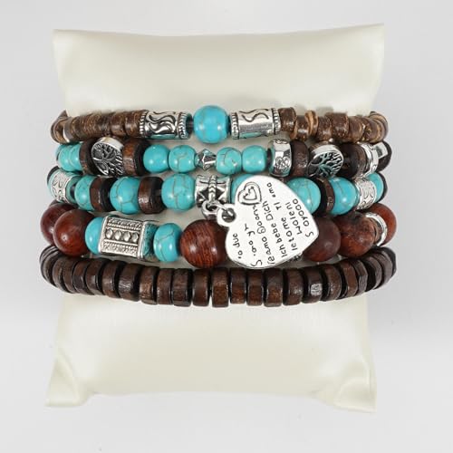 COLORFUL BLING Boho Turquoise Wooden Beaded Stretch Bracelets Stackable Turtle Butterfly Elephant Shell Heart Charms Bracelet for Women Men Western Jewelry Gifts - style: Set 3
