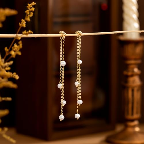 NECOCY Gold Dangle Earrings for Women Non Tarnish 14K Gold Plated Drop Wedding Hypallergenic Earring Dainty Long Hanging Chain CZ Pearl Threader Earrings Trendy Silver Plated Jewelry for Women - style: Gold&Style19
