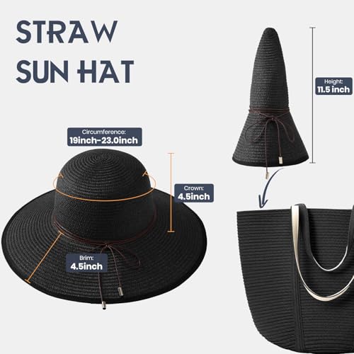 Sun Hats for Women, Straw Hats UPF 50+ Sun Protection, Wide Brim Womens Beach Hat for Summer Travel - color: Black