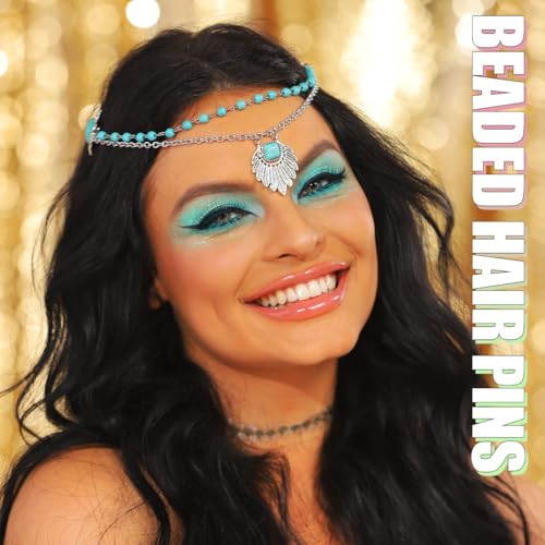 JAKAWIN Boho Turquoise Head Chain Beaded Hair Clip Silver Beach Headpiece for Women