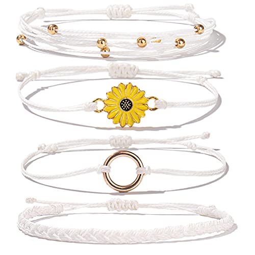 FANCY SHINY Easter Gifts Basket Stuffers Sunflower String Bracelet Boho Braided Rope Wrap Bracelets Cute Summer Beach Surfer Jewelry for Women - color: White