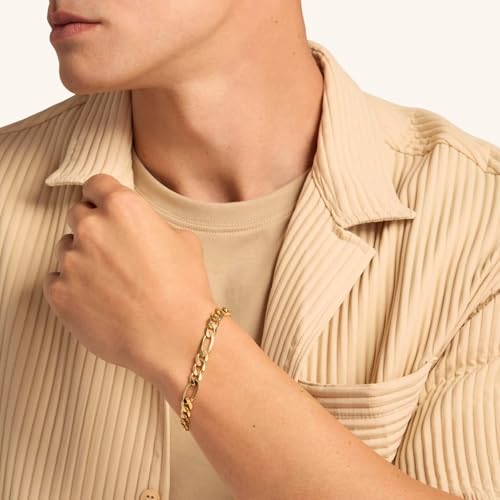 7mm Diamond-Cut Figaro Bracelet 14K Gold Link Bracelets Simple Trendy Non-tarnish Waterproof Gold Bracelets for Women and Men Fashion Accessories Jewelry Gift Unisex Lifetime Quality - color: 7mm Figaro Bracelet-7.5