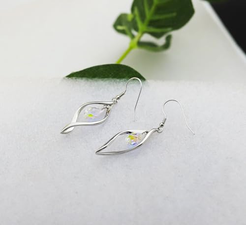 Rhodium Plate 925 Sterling Silver Hook Twist Leaf Holiday Hypoallergenic Dangle Earrings for Women Gifts Engagement Wedding with Austrian Daiamond Cut Waterdrop Crystal Hight Polished Long :1.9 IN - color: colorful