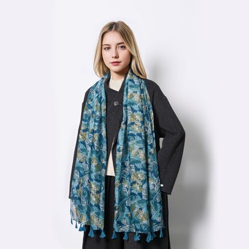 QIUTIMIY Scarf for Women Lightweight Soft Floral Leopard Printed Scarves Fall Winter Fashion Shawl Wrap with Fringe - color: Flower-blue White
