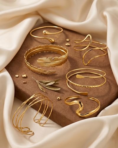 6 Pcs Arm Cuff Jewelry for Women, Minimalist Gold Coil Upper Arm Armband Set Metal Simple Open Armlet for Party - color: Feather