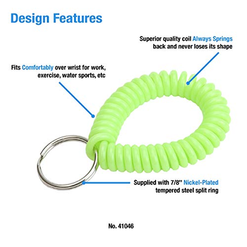 Lucky Line 2” Spiral Wrist Coil with Steel Key Ring, Flexible Wrist Band Key Chain Bracelet, Stretches to 12”, Neon Green, 1 PK (410461) - color: Green Neon, size: 1 Pack