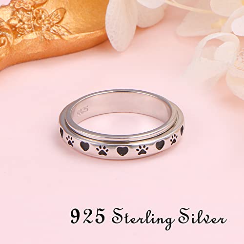 Ladytree Spinner Fidget Ring Sterling Silver Thumb Band for Women Anxiety Ring Platinum Plated Worry Stress Relief Just Breathe Boredom ADHD Autism Rings Boho Jewelry Gift - color: A-pet paw print heart