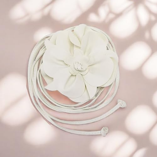 Boho Big Flower PU Leather Waist Belt Chain for Women Rose Floral Camellia Long Tassel Adjustable Waist Band Jewelry - color: White