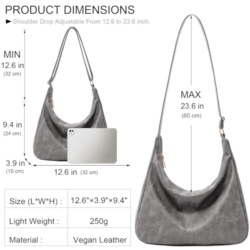 Hobo Bags for Women Foldable Vegan Leather Shoulder Handbag Slouchy Tote Crossbody Purses - color: Grey
