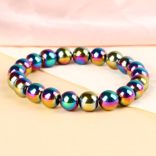 LPBeads Handmade Natural Gemstone Stretch Elastic Bracelet Healing Crystal Round Stone Beads Jewelry Gifts for Women Men - color: Rainbow Coated Hematite, size: 10mm