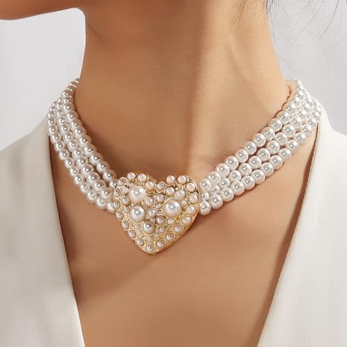 Bethynas Boho Layered Pearl Rhinestones Choker Necklace Vintage Chunky Pearl Crystal Pendant Short Necklace Chain Bridal Prom 1920s Costume Party Jewelry for Women - color: Pearl 7 - heart