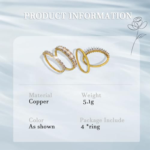 GAUEIOUR 4 Pcs Gold Rings for Women 14K Gold Plated Stacking Copper Rings Set Cubic Zirconia Knuckle Finger Statement Ring Shiny Zircon Ring Jewelry Gifts for Ladies (Size 7)